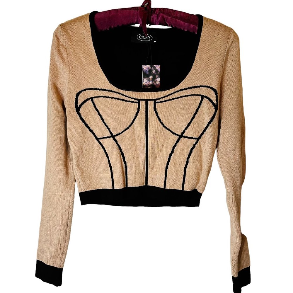 NWT Cider Crop Sweater Boustierre Design Size M Beige/Black
